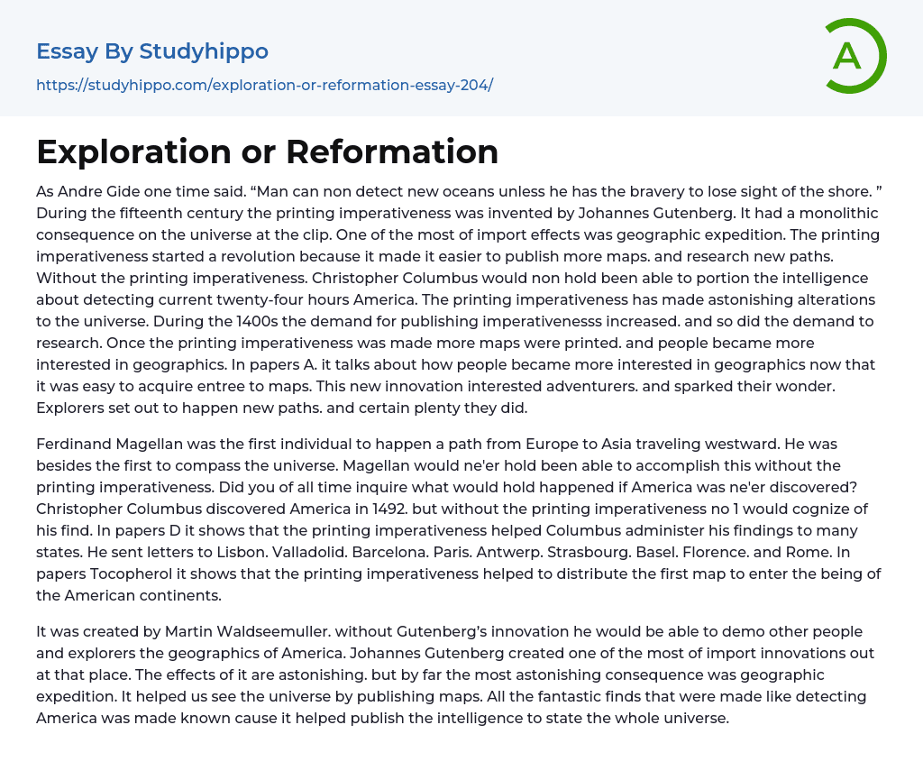 Exploration or Reformation Essay Example