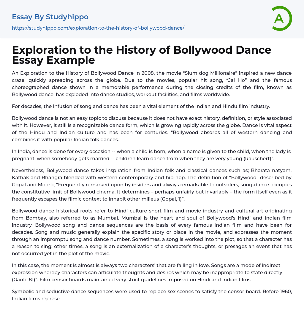 Exploration to the History of Bollywood Dance Essay Example