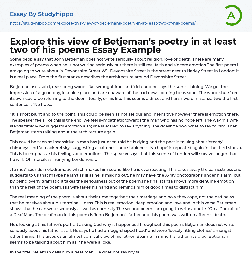 Explore this view of Betjeman’s poetry in at least two of his poems Essay Example