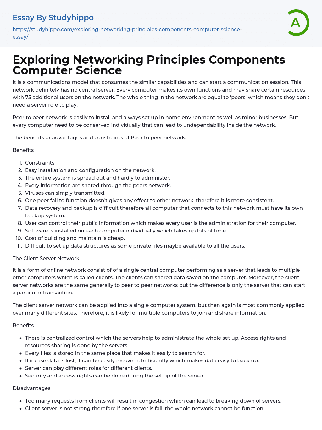 Exploring Networking Principles Components Computer Science Essay Example