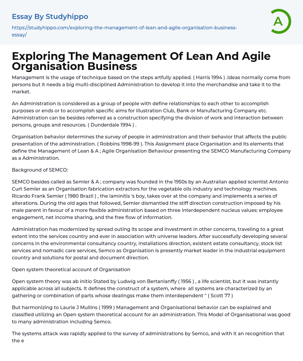 Exploring The Management Of Lean And Agile Organisation Business Essay Example