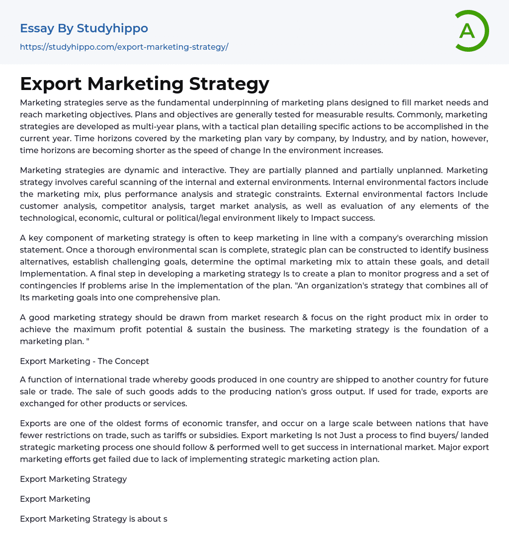 Export Marketing Strategy Essay Example