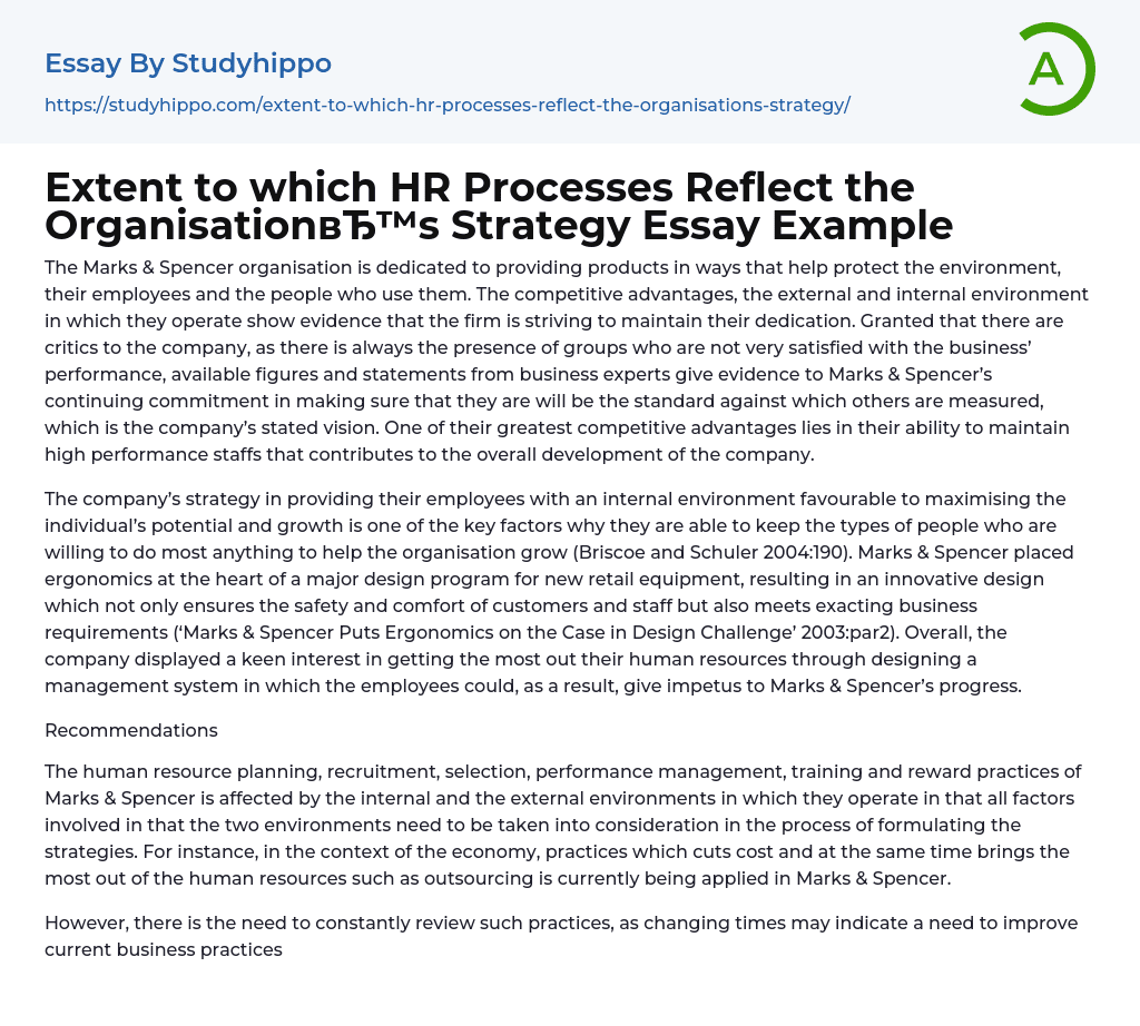 Extent to which HR Processes Reflect the Organisation’s Strategy Essay Example