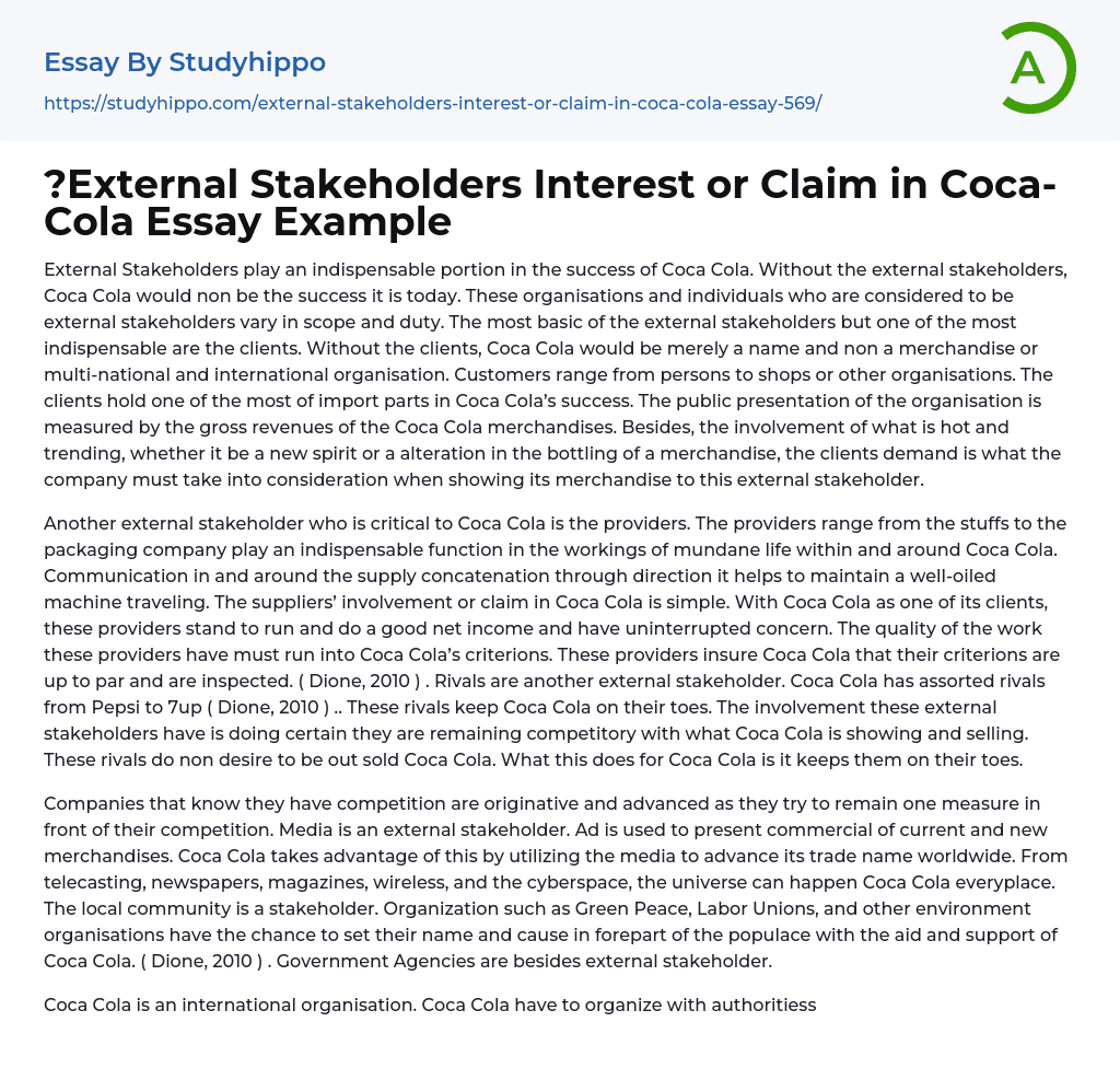 ?External Stakeholders Interest or Claim in Coca-Cola Essay Example