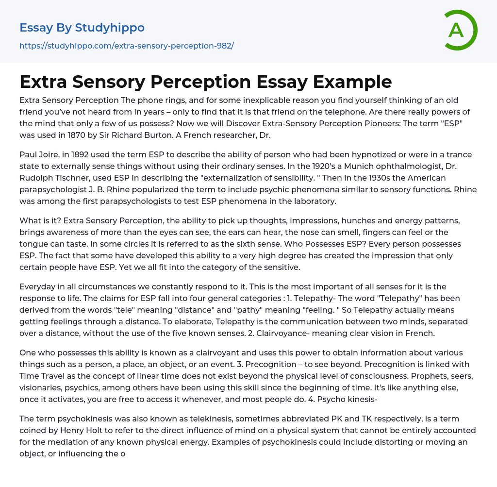 Extra Sensory Perception Essay Example