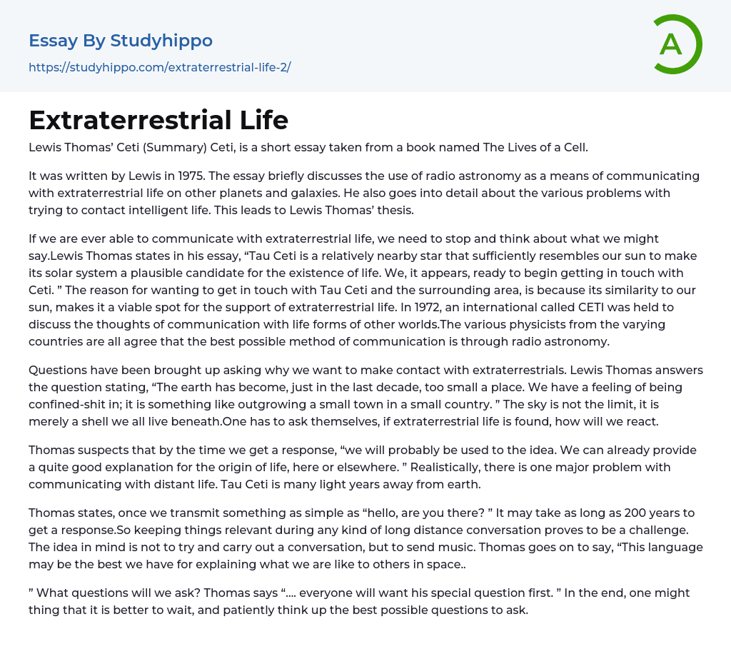Extraterrestrial Life Essay Example