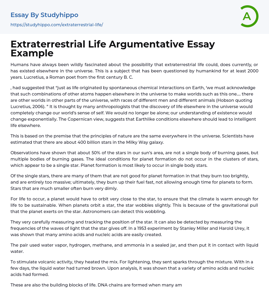 Extraterrestrial Life Argumentative Essay Example