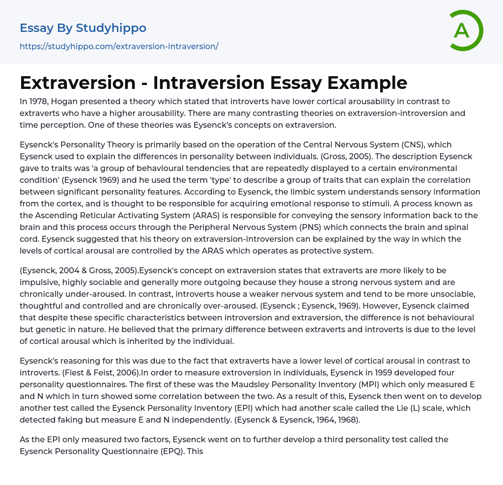 Extraversion – Intraversion Essay Example