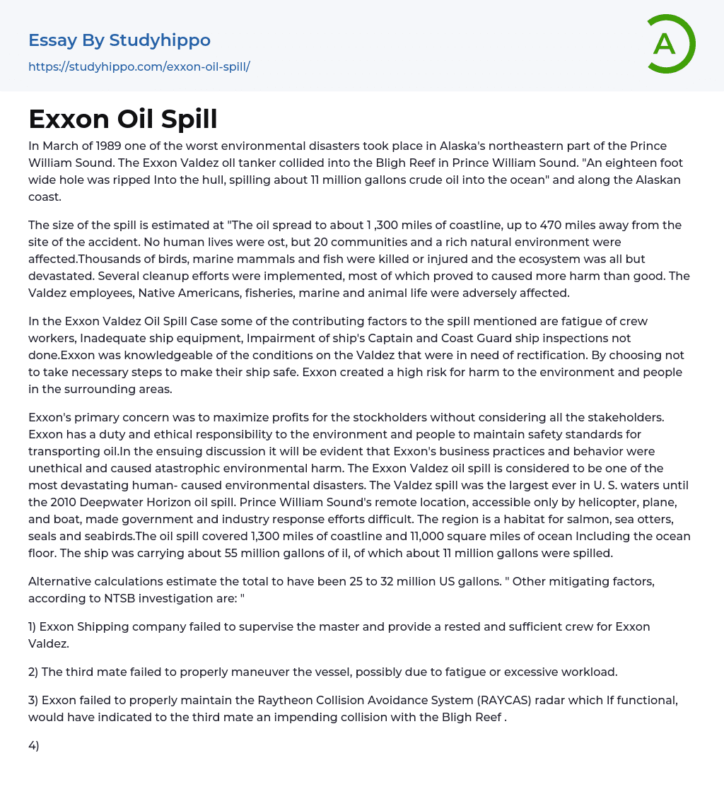 Exxon Oil Spill Essay Example