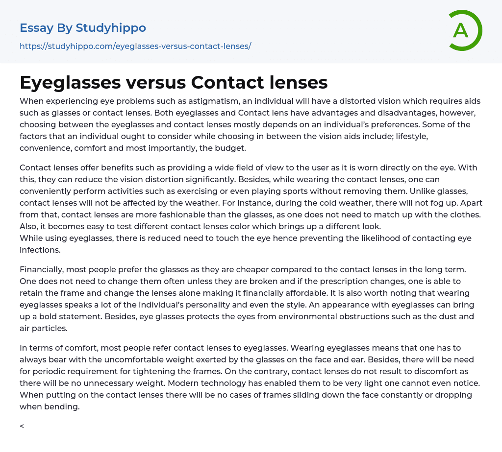 Eyeglasses versus Contact lenses Essay Example