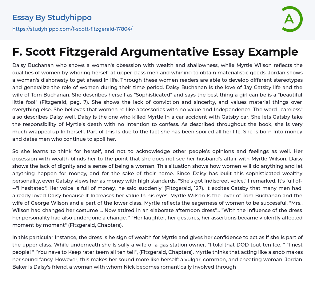 F. Scott Fitzgerald Argumentative Essay Example