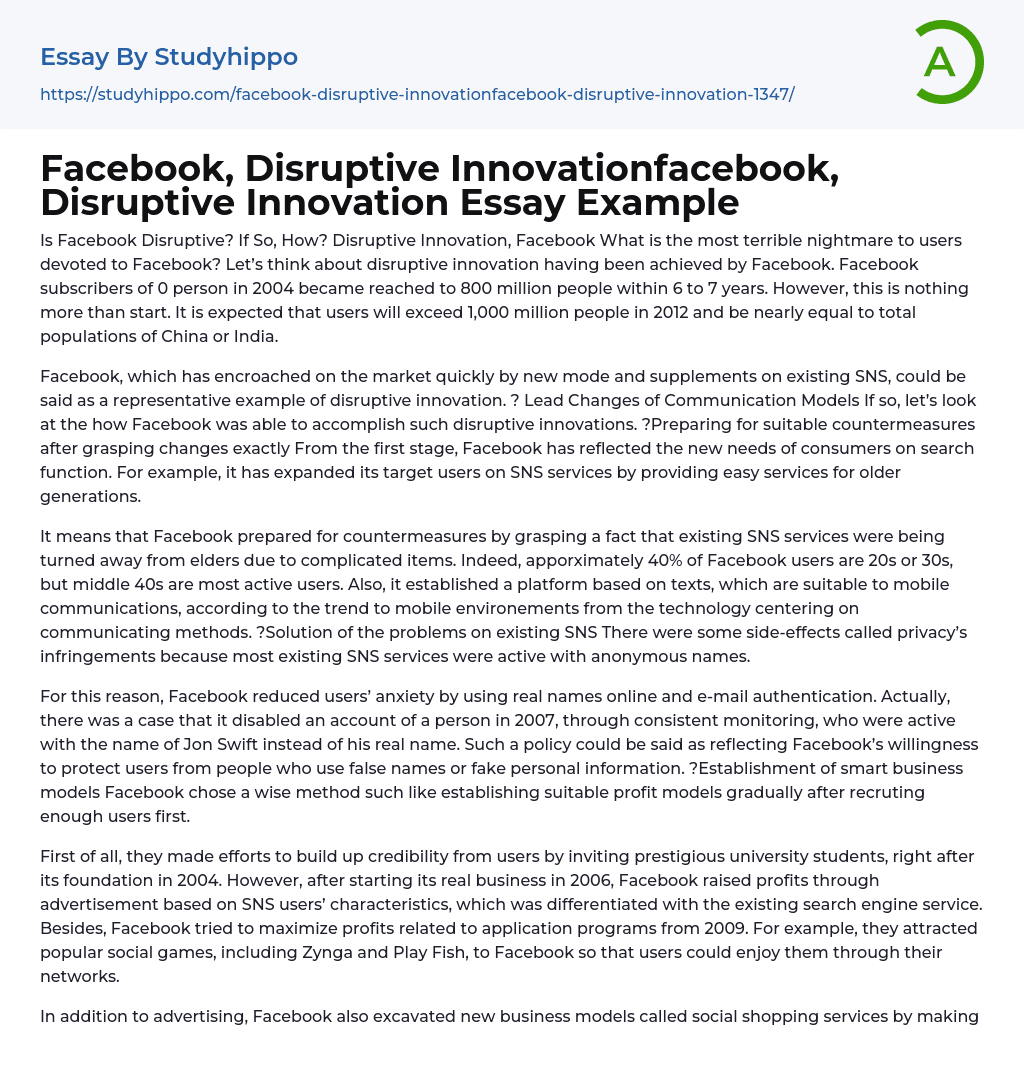 Facebook, Disruptive Innovationfacebook, Disruptive Innovation Essay Example