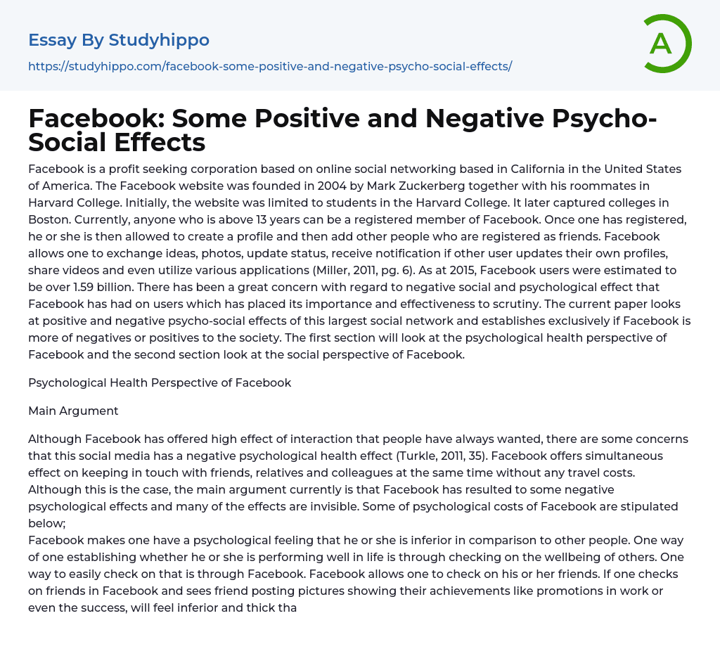 Facebook: Some Positive and Negative Psycho-Social Effects Essay Example