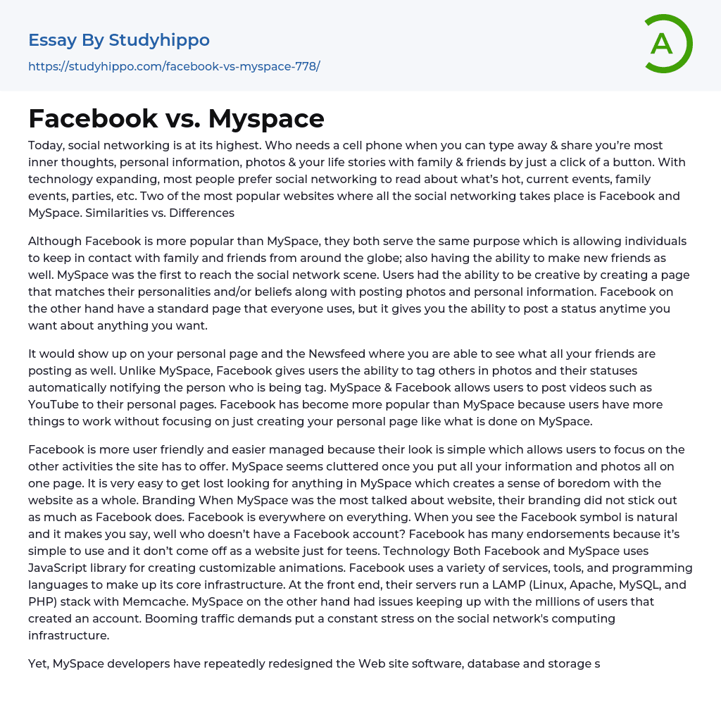 Facebook vs. Myspace Essay Example