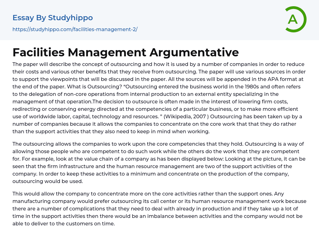 Facilities Management Argumentative Essay Example