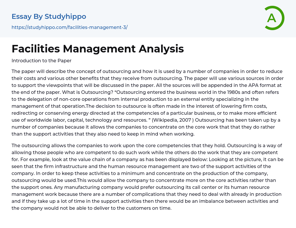 Facilities Management Analysis Essay Example