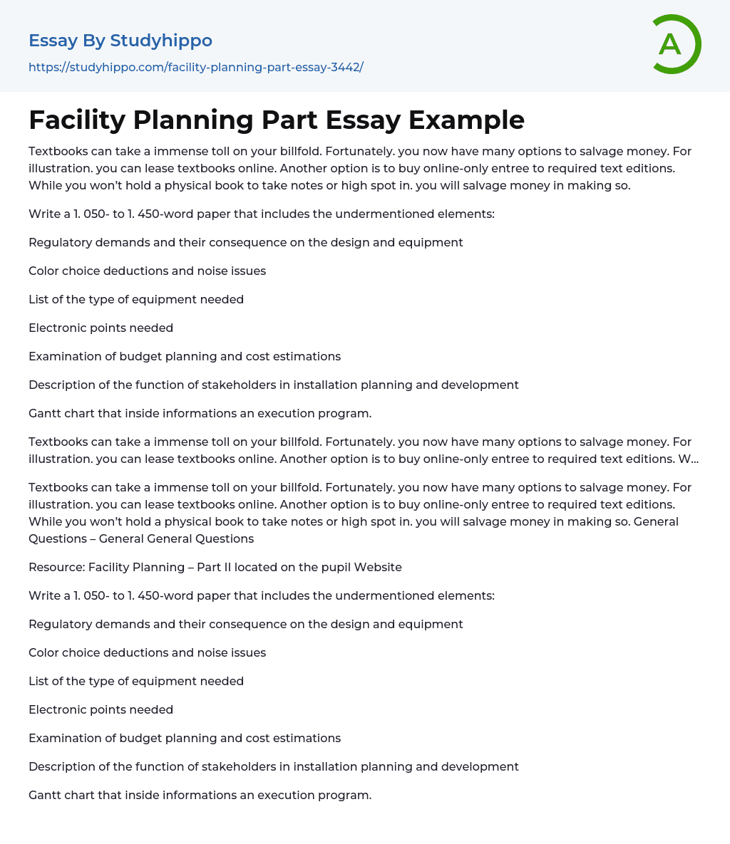 Facility Planning Part Essay Example