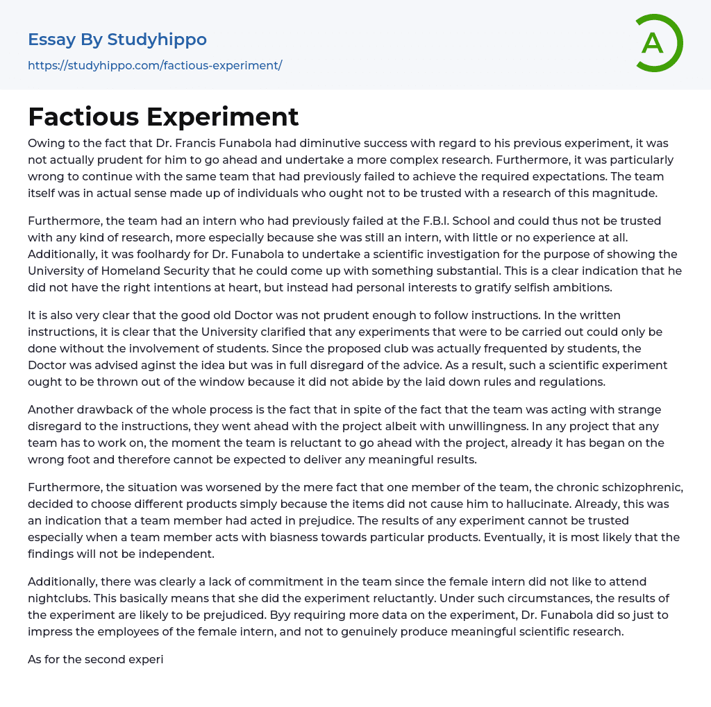Factious Experiment Essay Example
