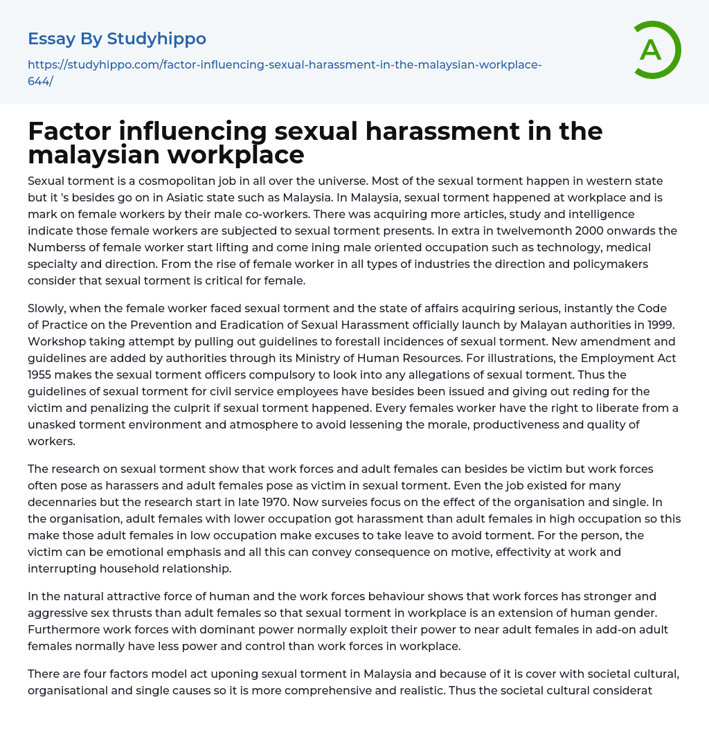 Factor influencing sexual harassment in the malaysian workplace Essay Example