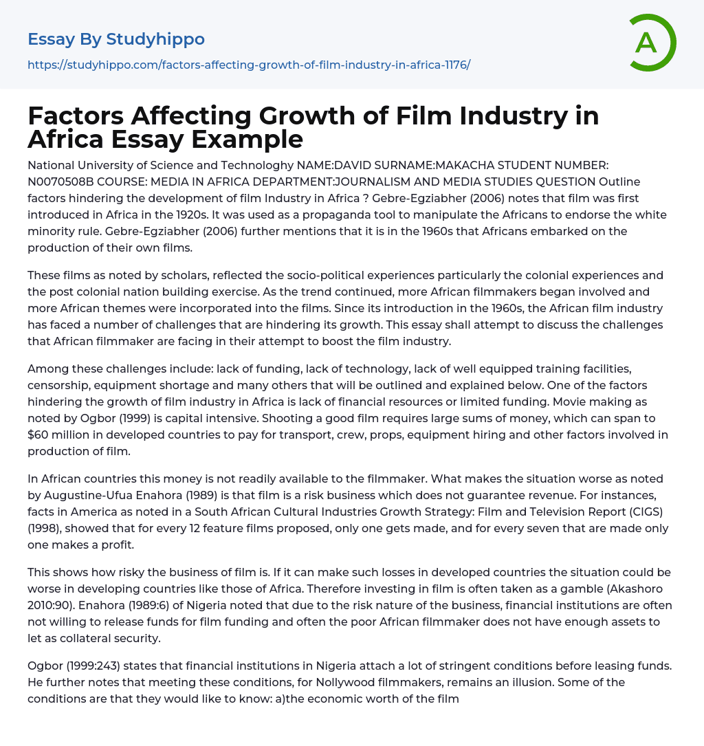 Factors Affecting Growth of Film Industry in Africa Essay Example
