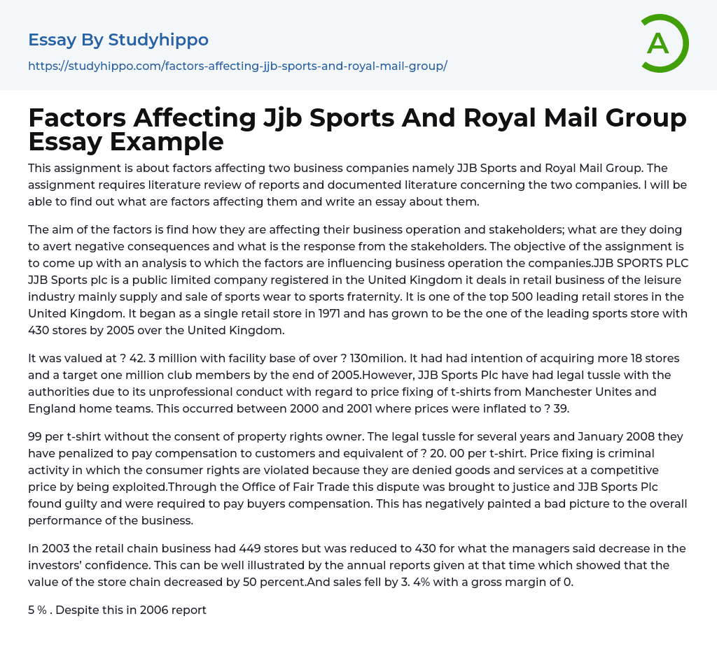 Factors Affecting Jjb Sports And Royal Mail Group Essay Example