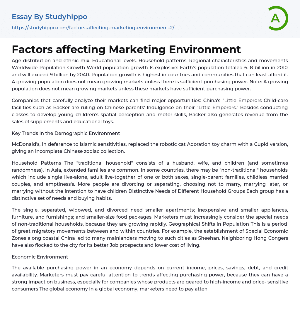 Factors affecting Marketing Environment Essay Example
