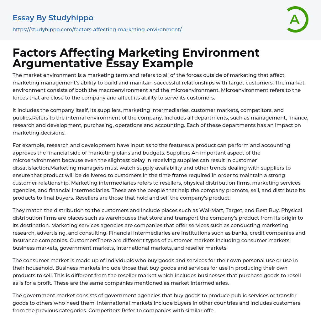 Factors Affecting Marketing Environment Argumentative Essay Example