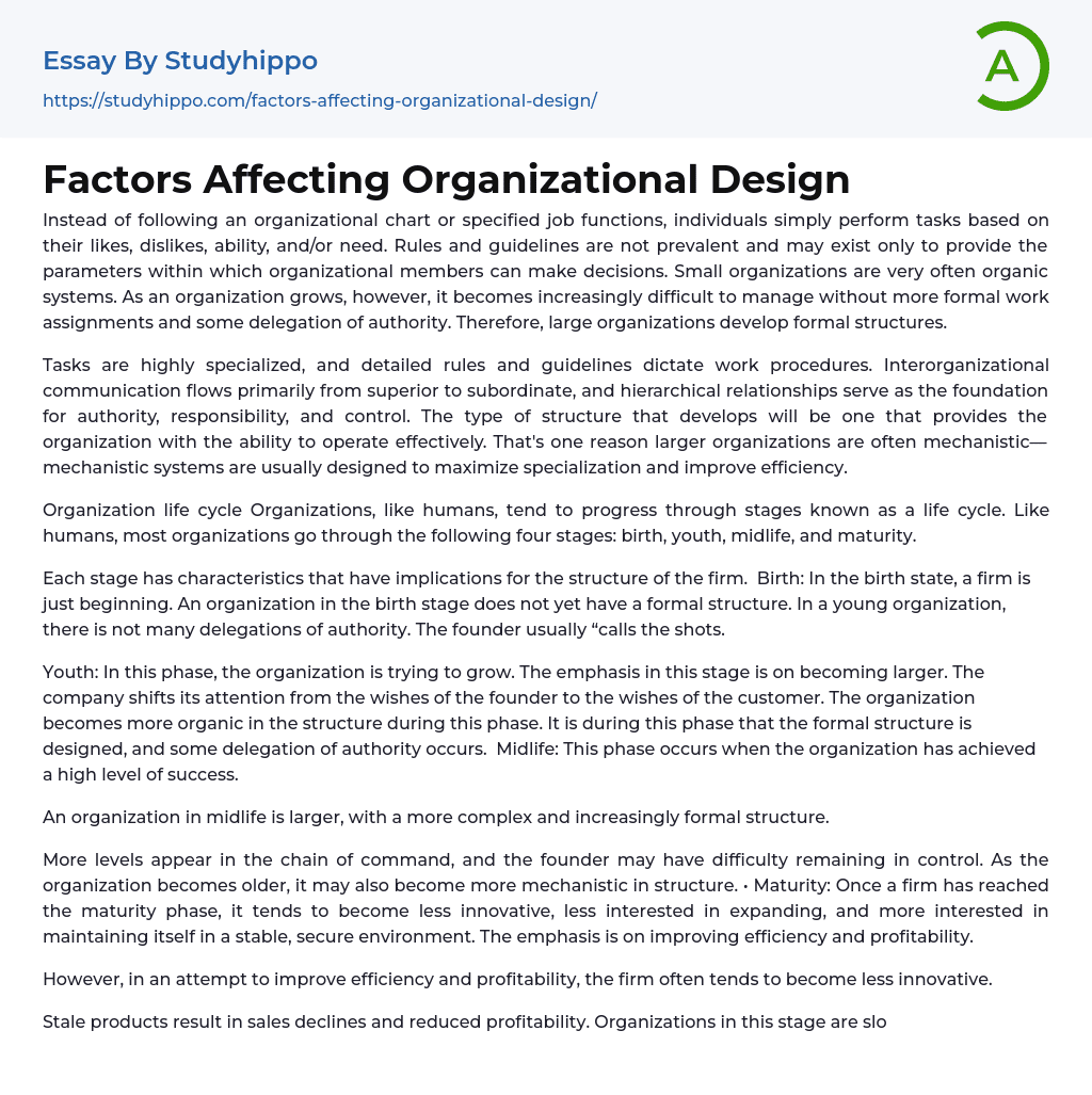 Factors Affecting Organizational Design Essay Example