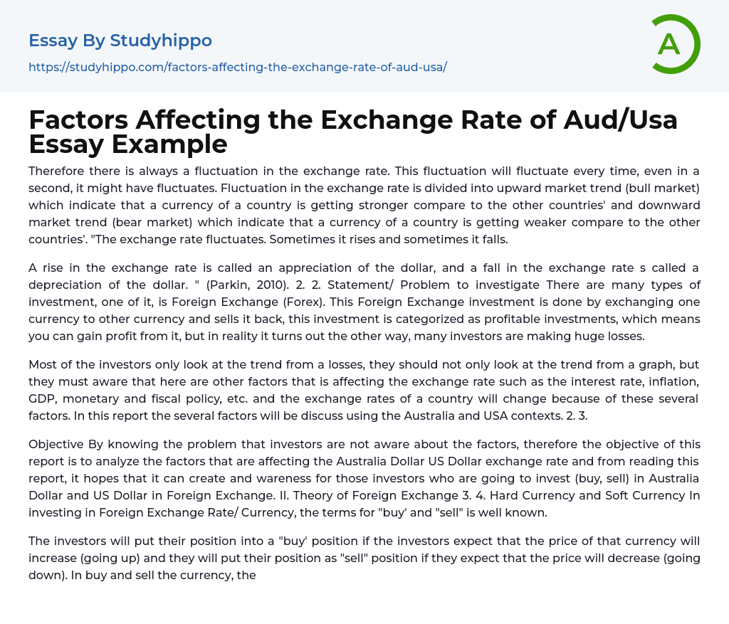 Factors Affecting the Exchange Rate of Aud/Usa Essay Example