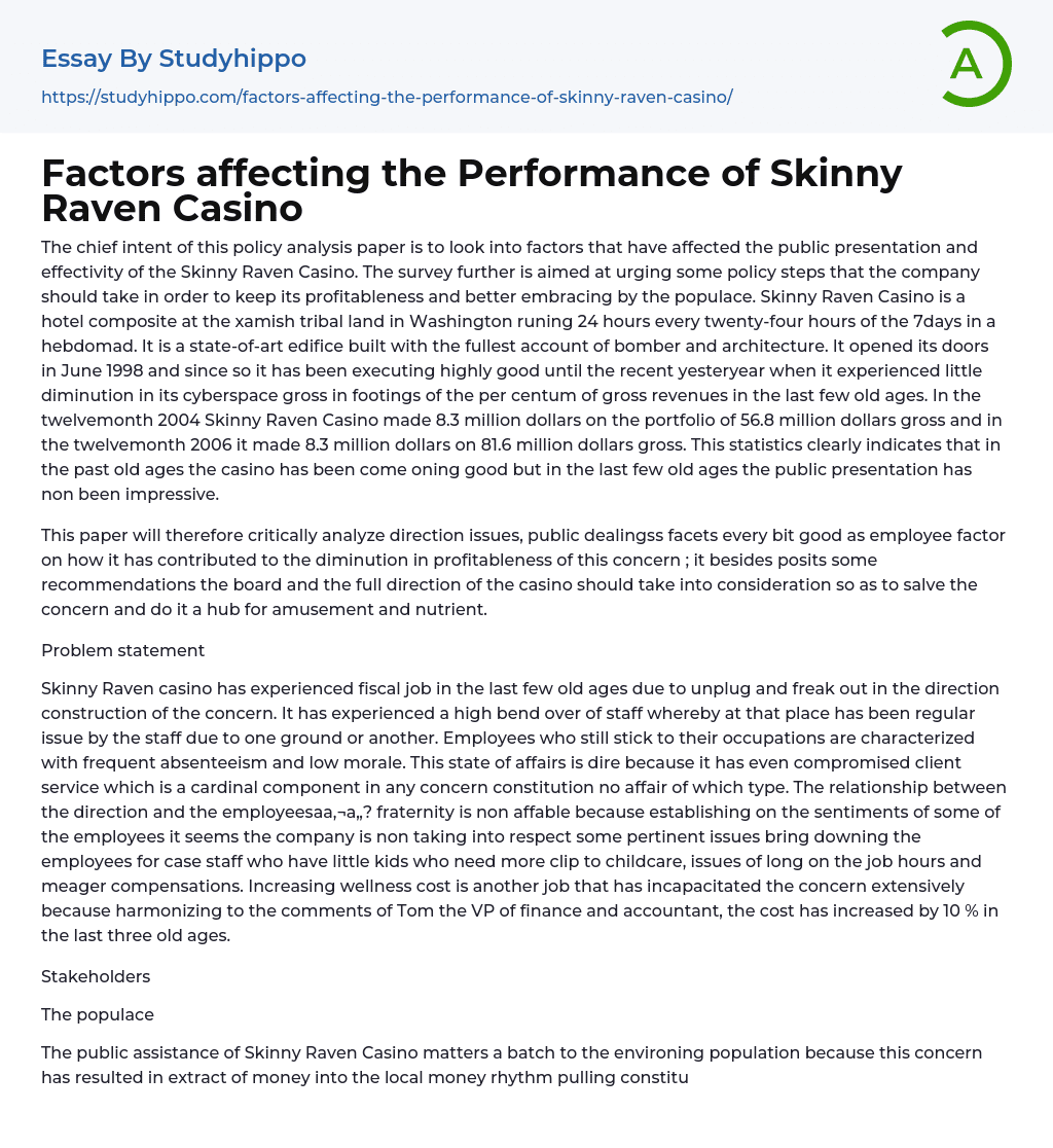 Factors affecting the Performance of Skinny Raven Casino Essay Example