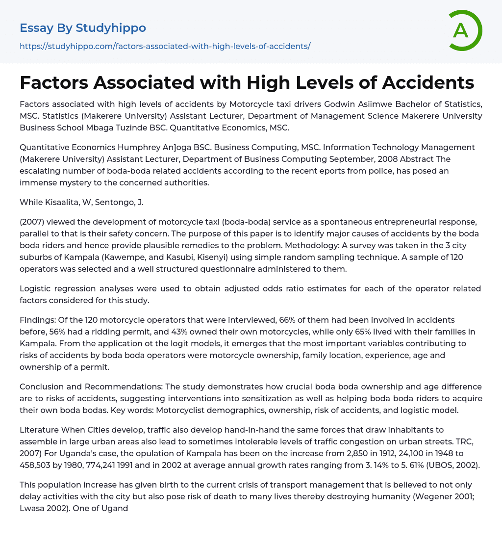 Factors Associated with High Levels of Accidents Essay Example