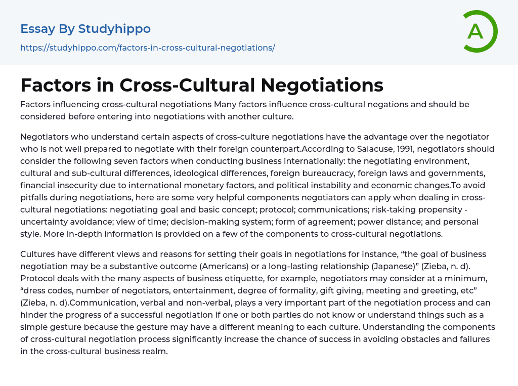 Factors in Cross-Cultural Negotiations Essay Example