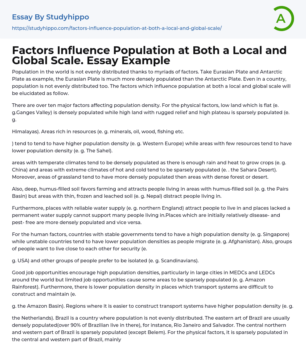 Factors Influence Population at Both a Local and Global Scale. Essay Example