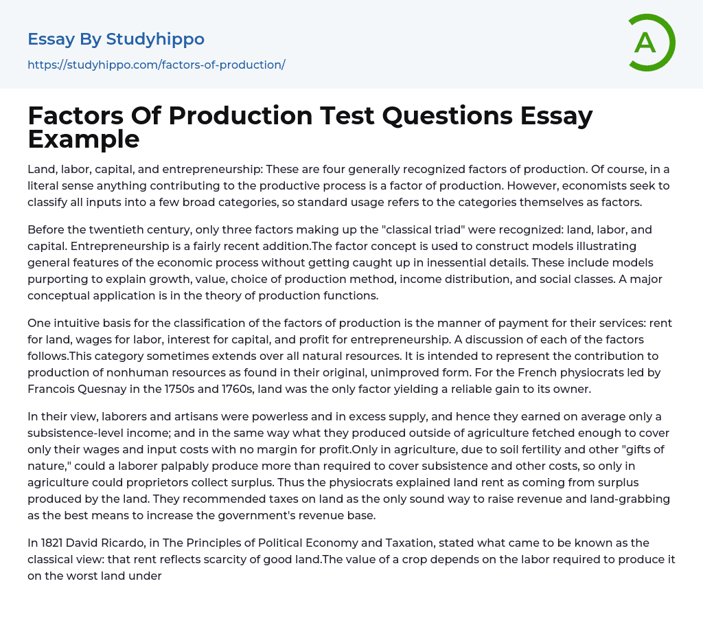Factors Of Production Test Questions Essay Example