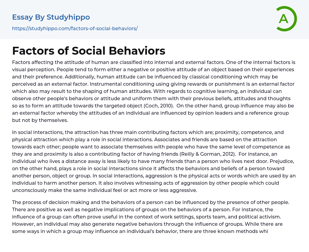 Factors of Social Behaviors Essay Example