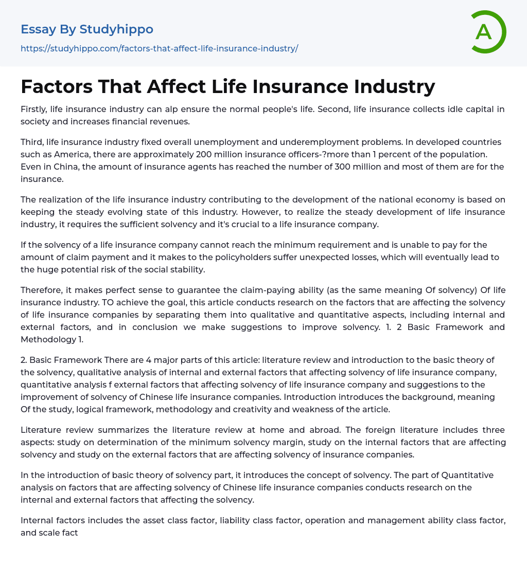 Factors That Affect Life Insurance Industry Essay Example