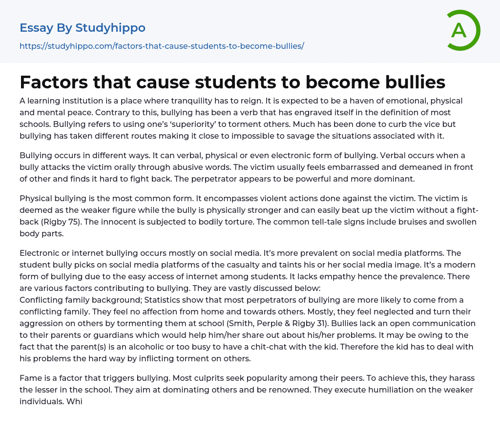 Factors that cause students to become bullies Essay Example