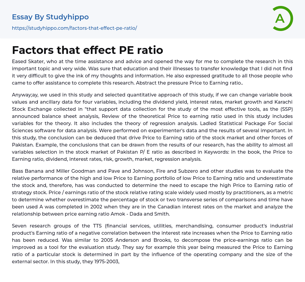 Factors that effect PE ratio Essay Example