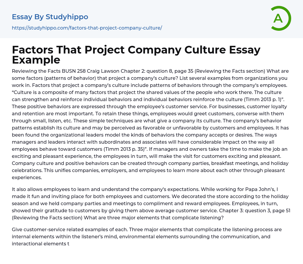 What Are Some Factors That Project a Company’s Culture? Essay Example