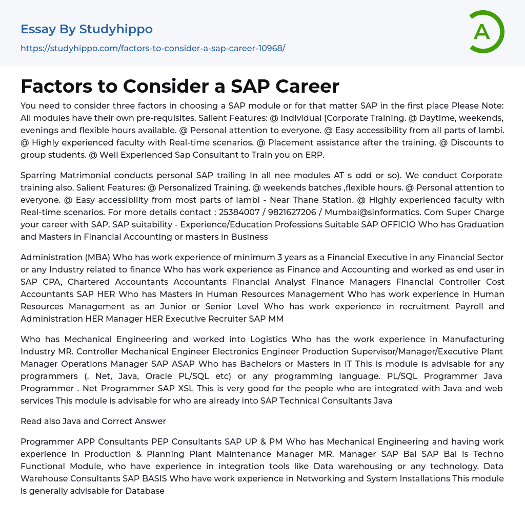Factors to Consider a SAP Career Essay Example
