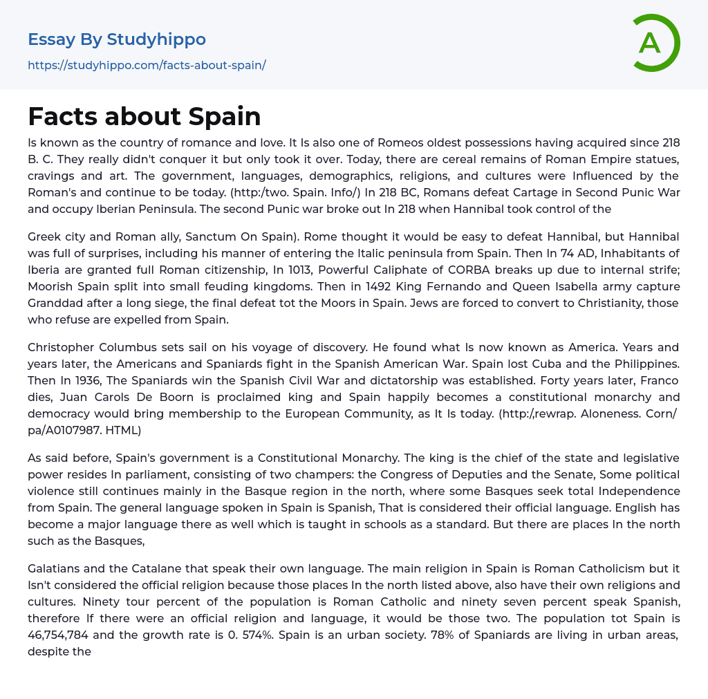 Facts about Spain Essay Example