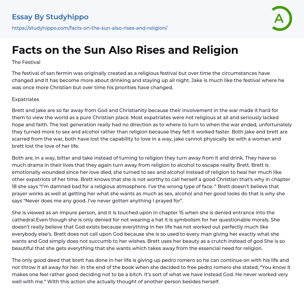 Facts on the Sun Also Rises and Religion Essay Example
