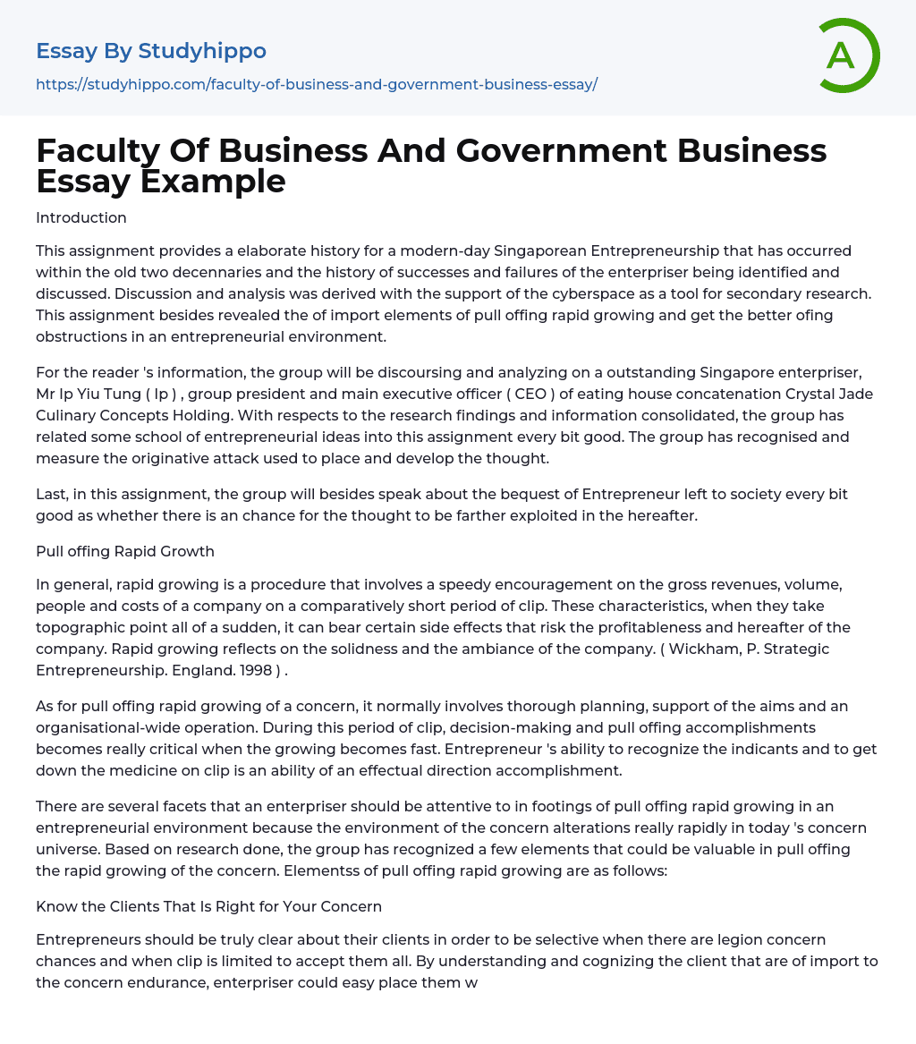 Faculty Of Business And Government Business Essay Example