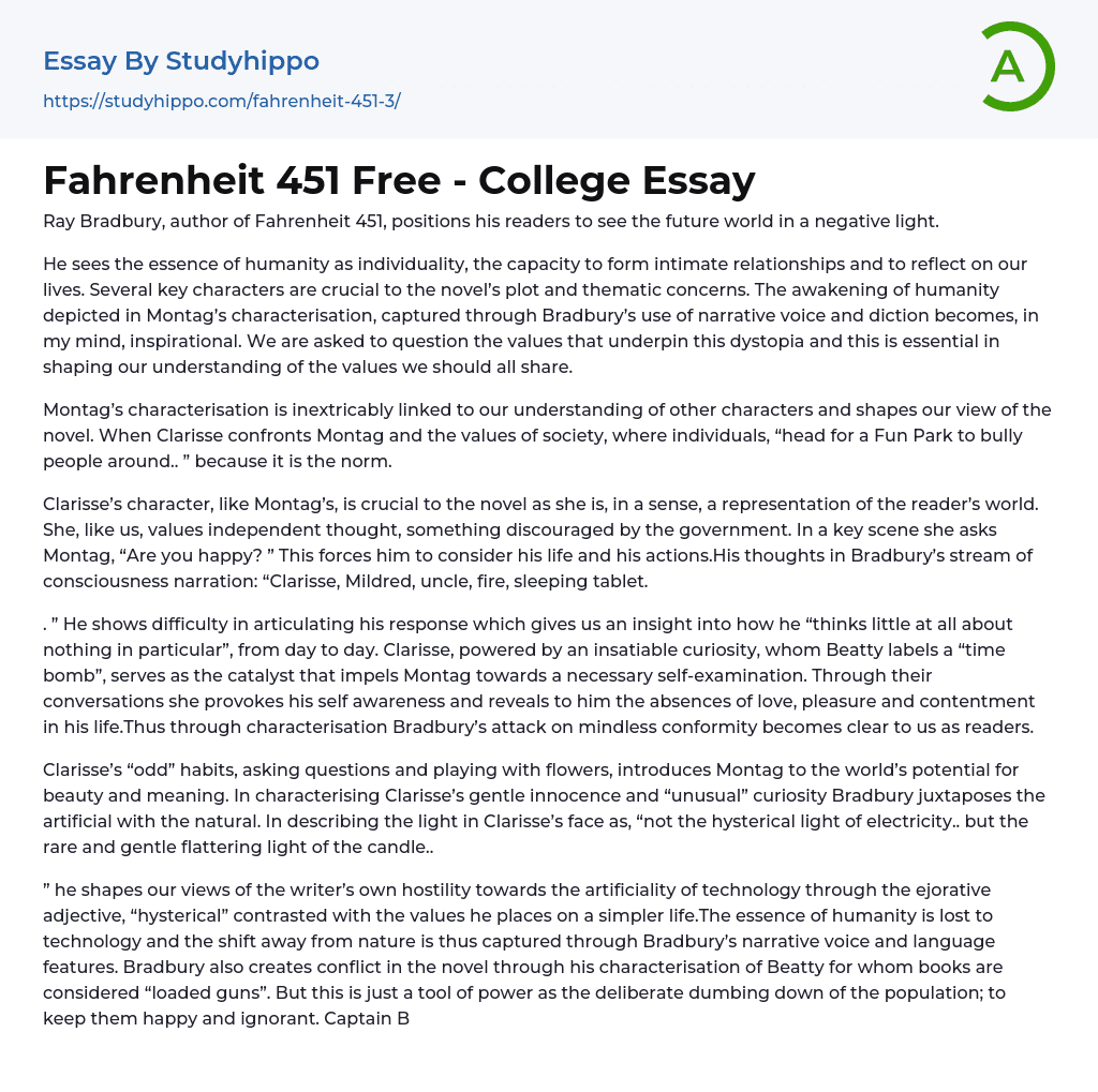Fahrenheit 451 Free – College Essay