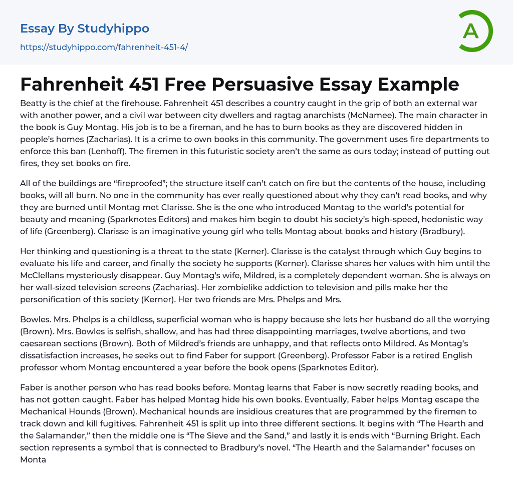 Fahrenheit 451 Free Persuasive Essay Example