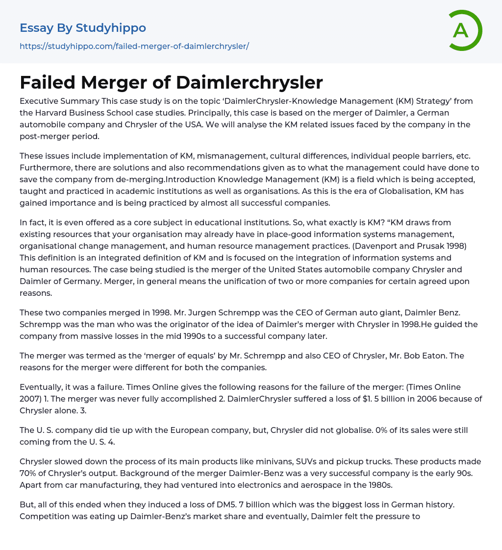 Failed Merger of Daimlerchrysler Essay Example