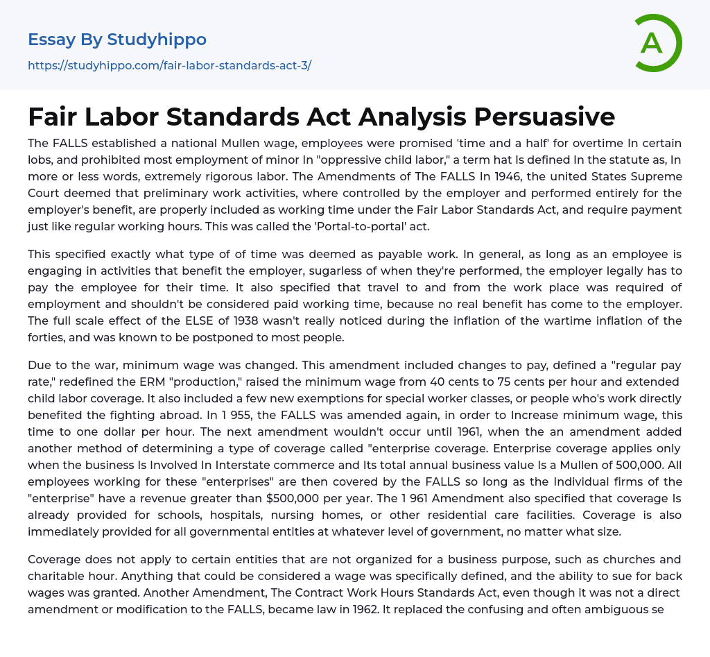 Fair Labor Standards Act Analysis Persuasive Essay Example