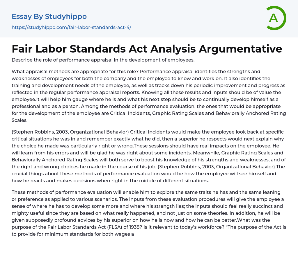Fair Labor Standards Act Analysis Argumentative Essay Example