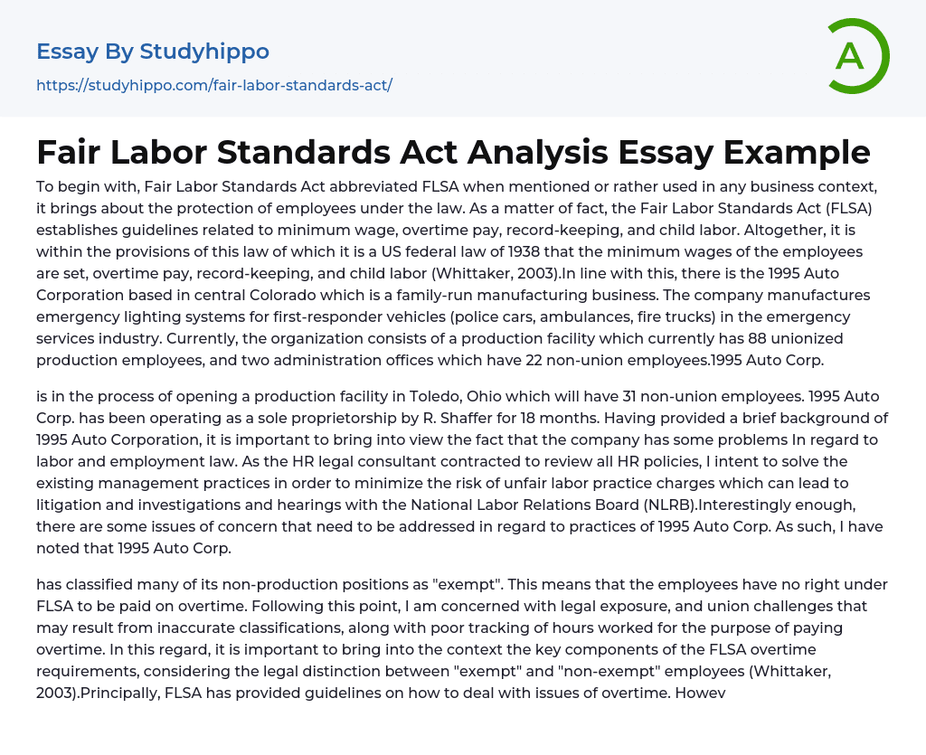 Fair Labor Standards Act Analysis Essay Example