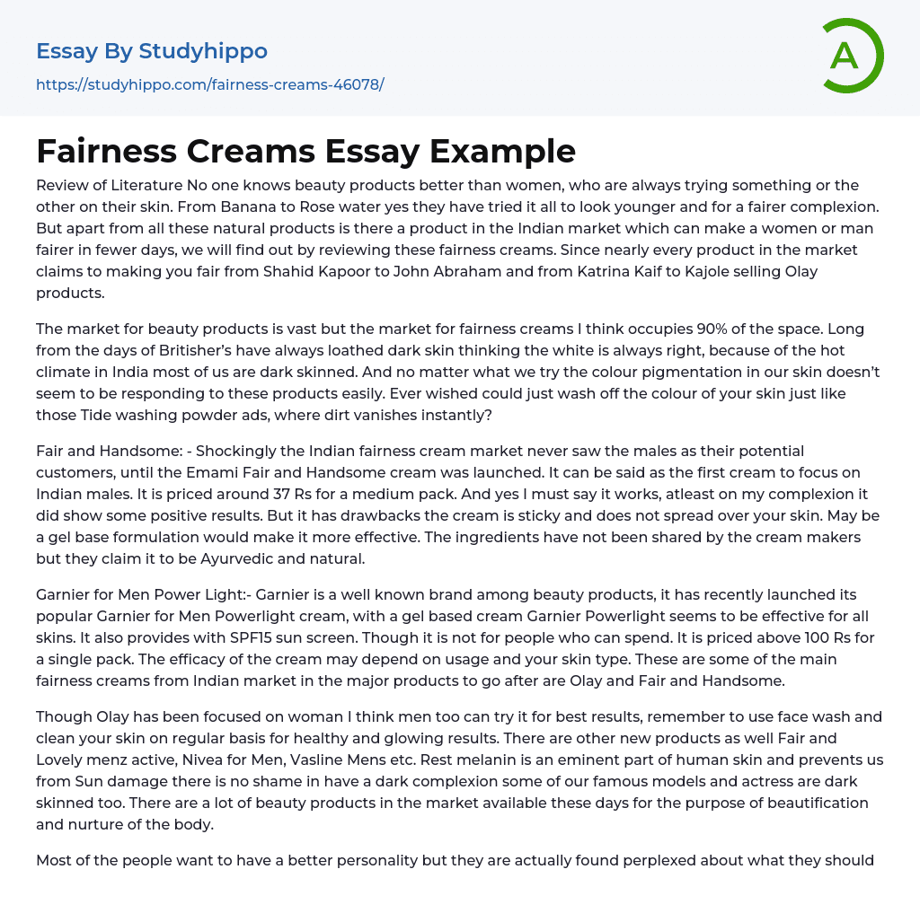 Fairness Creams Essay Example